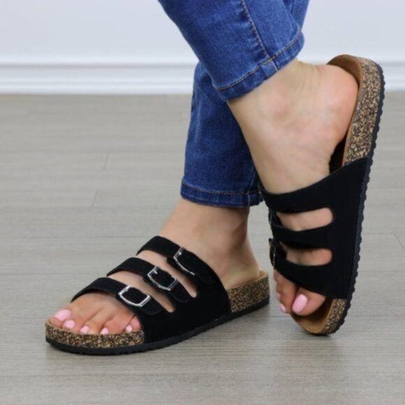 Black Velvet 3 Buckle Strap Slider Sandals - Picture 2 of 7